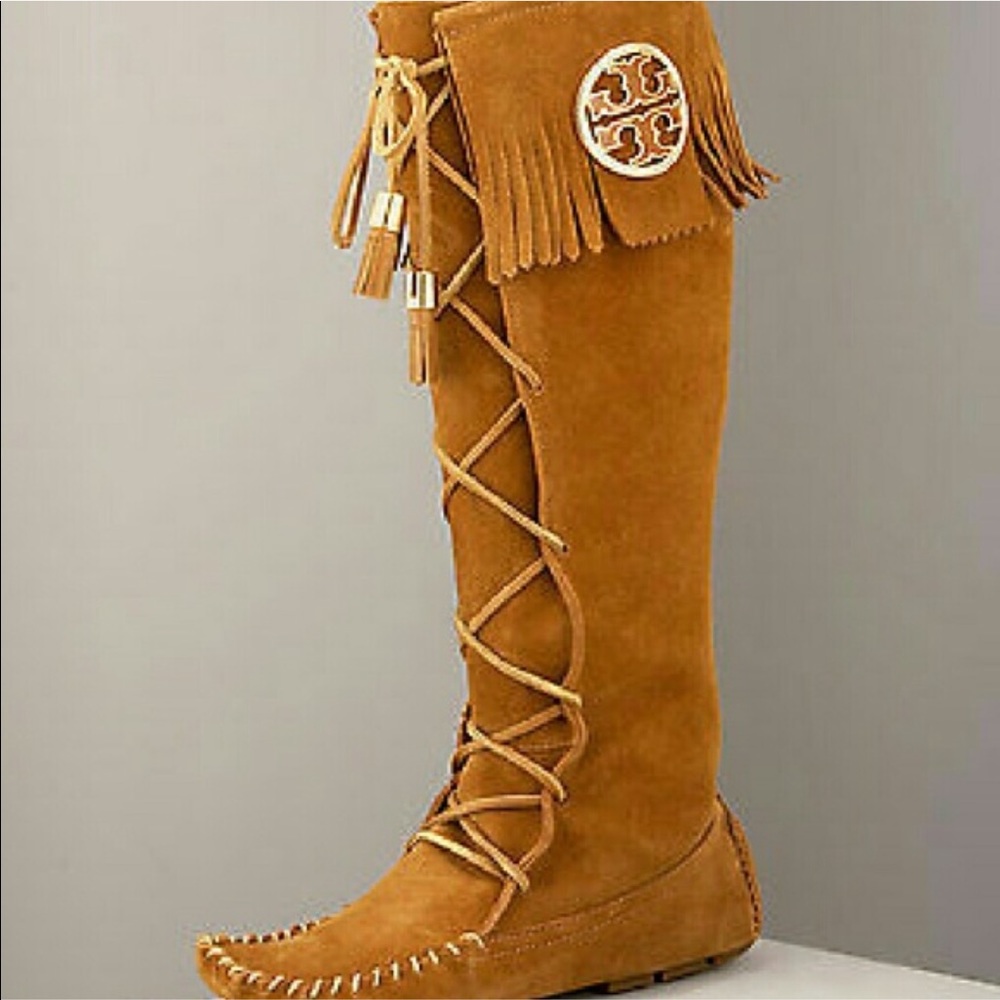 Tory Burch Suede Camel Moccasin Lace up Boots